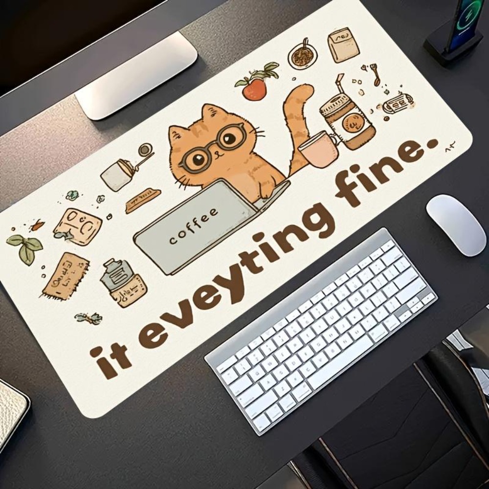 Desk Setup Simple - Hand-drawn patterns, an orange cat wearing