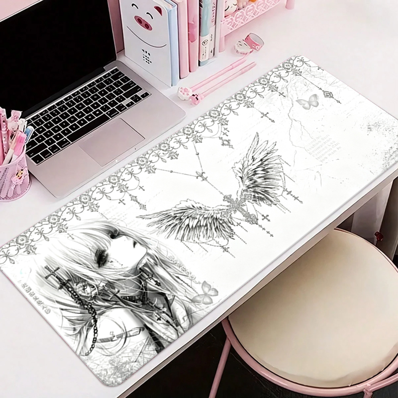 Desk Setup Mat - Leather Mousepad Black White Anime Aesthetics